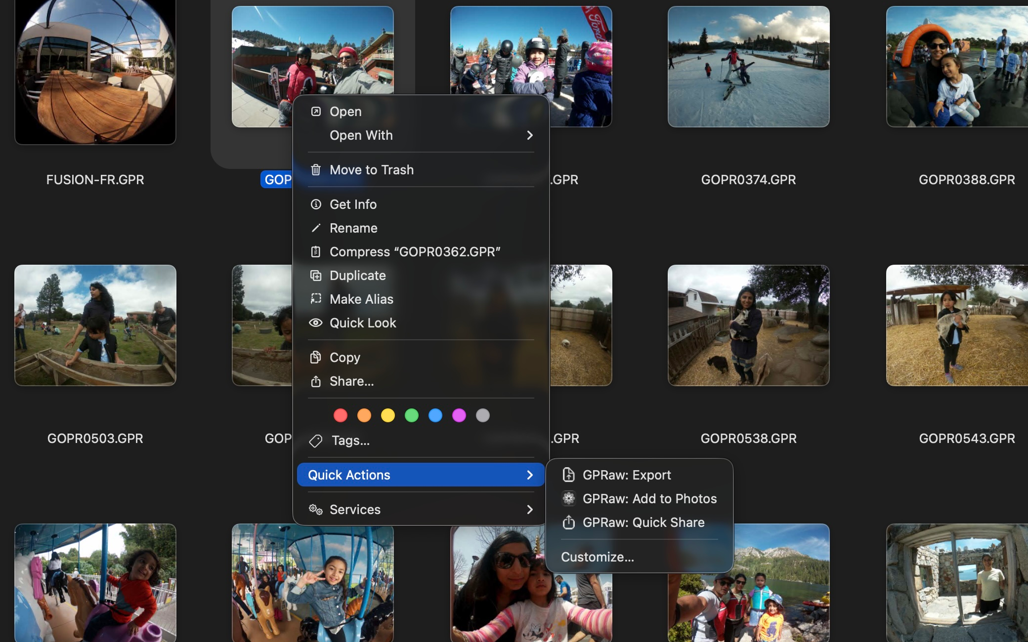 Finder right-click context menu showing GPRaw Quick Actions