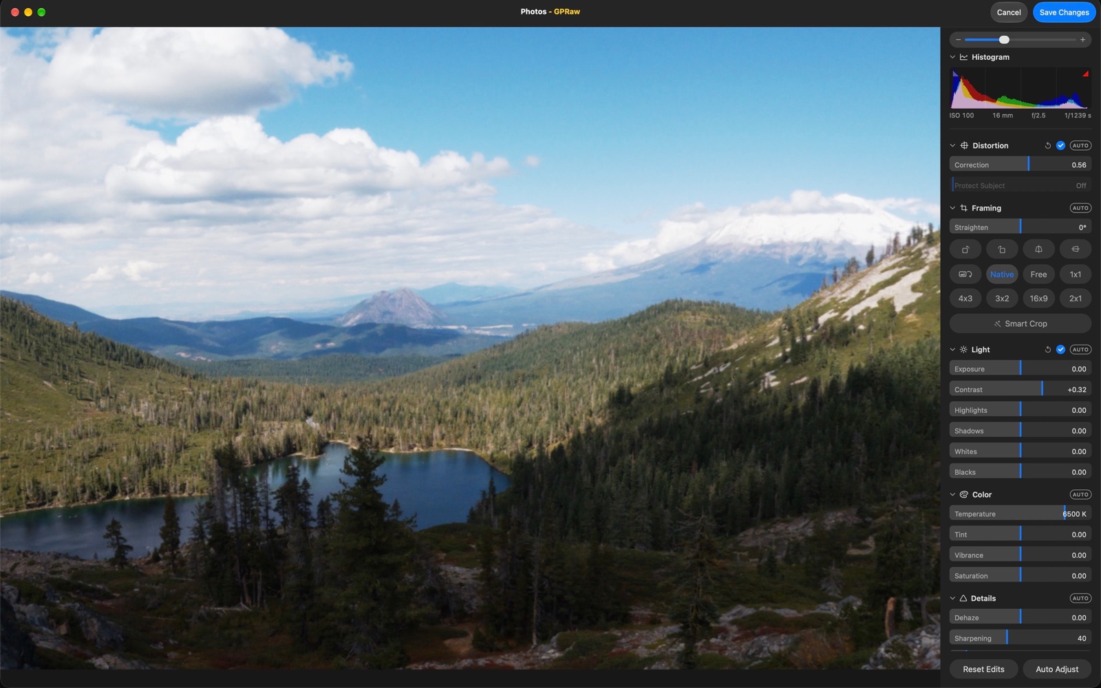 GPRaw Photos extension showing editing panel inside the macOS Photos app